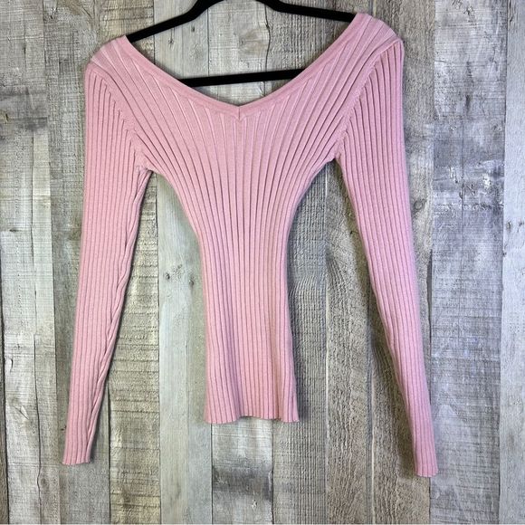 XS Ribbed V-Neck Front & V-Neck Back Cropped Knit Long Sleeve Sweater Top - Picture 2 of 6